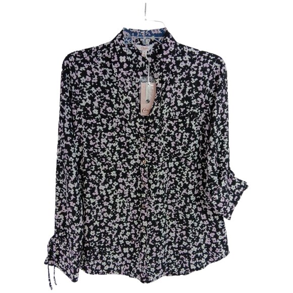 CANDIE'S-Women's Floral Button down-Top-MEDIUM-Black-White-Purple-Work-Casual - Picture 4 of 16